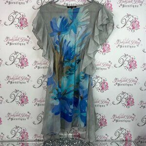 Strada fashion dress cinched flowy flowers smocked Gray and Blue High Low Dress